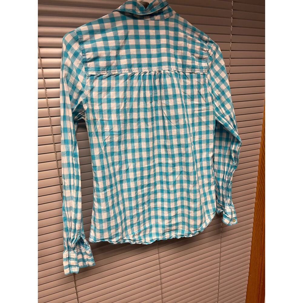 Express Women’s Fitted Gingham Button-Up Shirt Turquoise & White Plaid Small